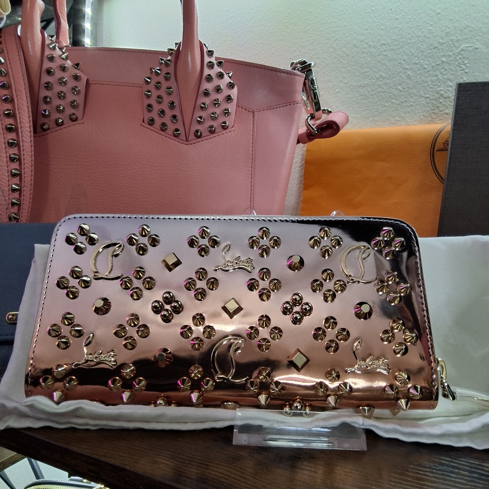 Christian Louboutin Metallic Silver To Pink Studded Zip Wallet NWOT